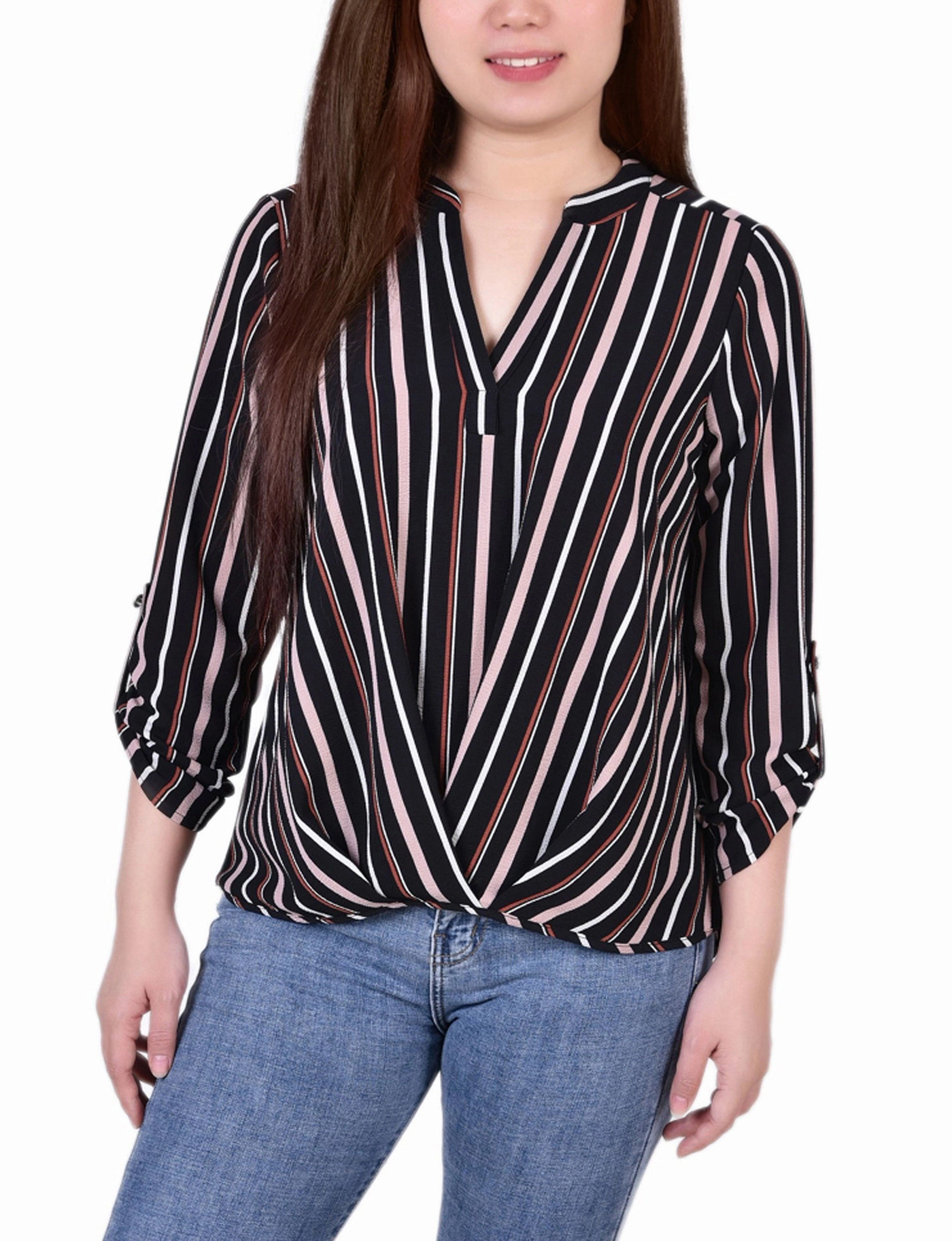 Petite 3/4 Sleeve Mandarin Collar Blouse With Front Pleats hypoallergenic material