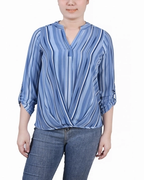 MinimalistDesign MultiPanelBreathability Petite 3/4 Sleeve Mandarin Collar Blouse With Front Pleats