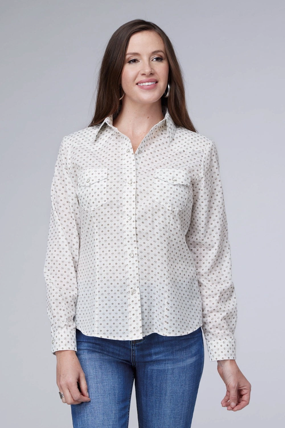 Roper Womens 2065 Mini Floral White Cotton Blend L/S Shirt Stylish Design Sustainable Material