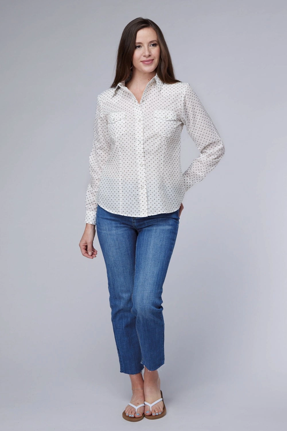 Roper Womens 2065 Mini Floral White Cotton Blend L/S Shirt Standalone Option Reinforced Elasticity