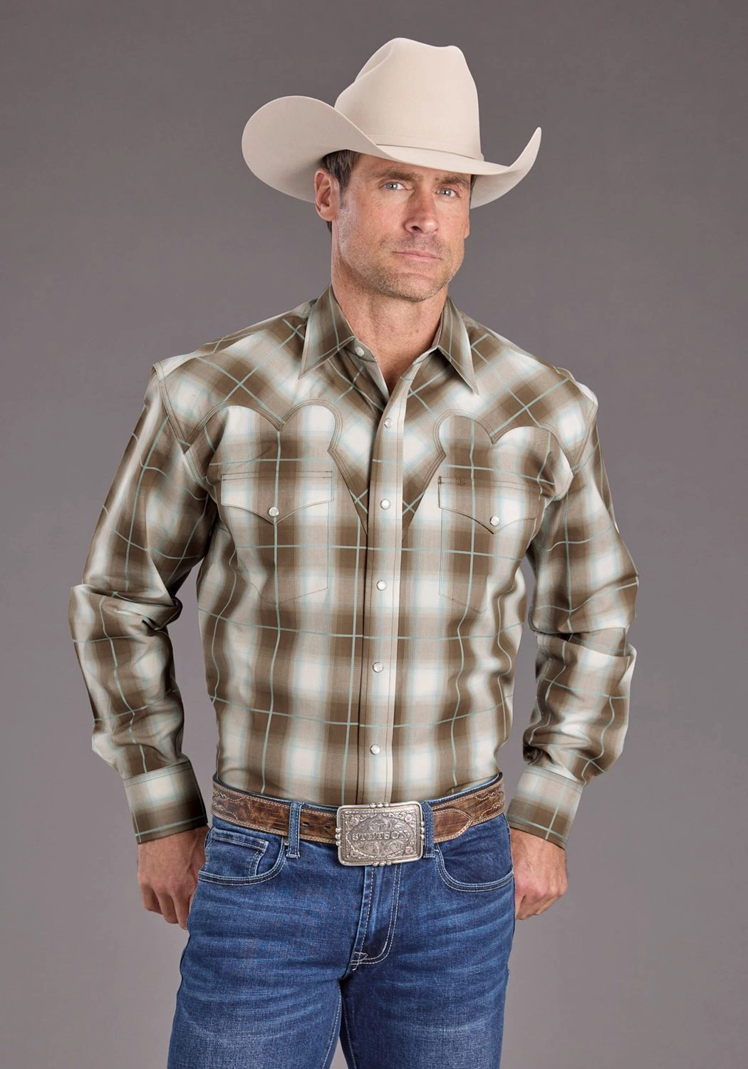 Cocktail Event Stetson Mens Sandy Ombre Plaid Brown 100% Cotton L/S Shirt