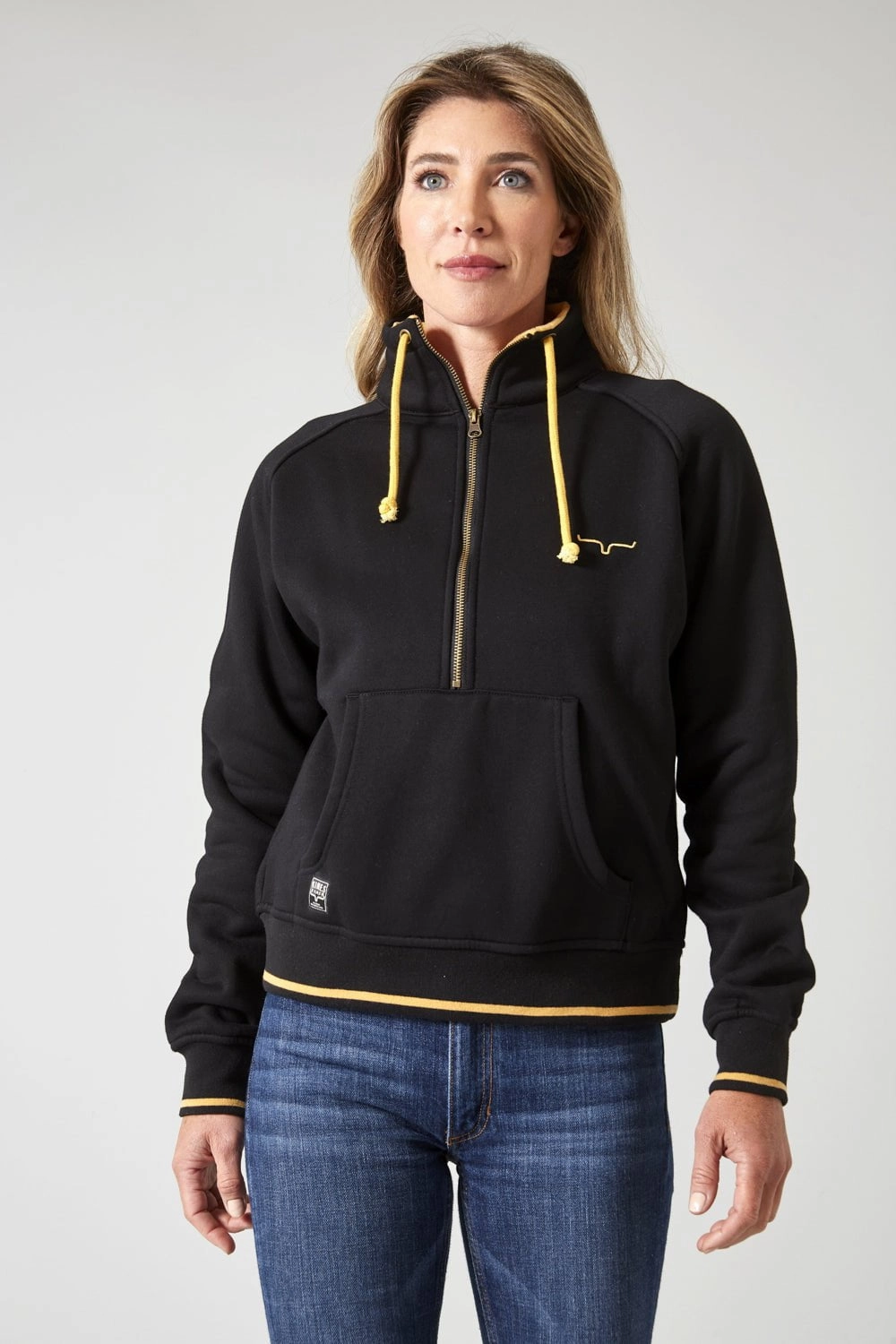 Snuggly Feel Kimes Ranch Womens Malta Cropped Quarter Zip Black Cotton Blend Sweatshirt