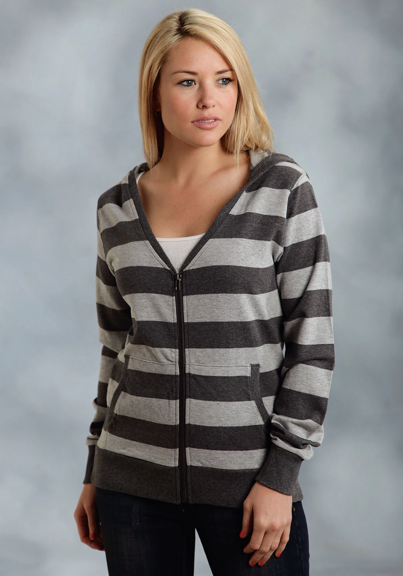 Ouray Womens Grey 100% Cotton USA Stripe Hoodie Trendy Layers Cozy And Stylish