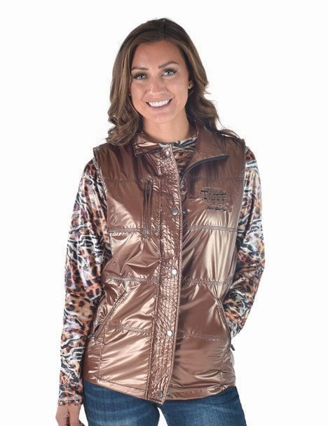 Cowgirl Tuff Womens Midweight Logo Copper 100% Polyester Softshell Vest Reversible Dual Layer Chill Day Layer
