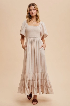 Cool Texture NOLA SMOCKED COTTON FLUTTER SLEEVE MAXI