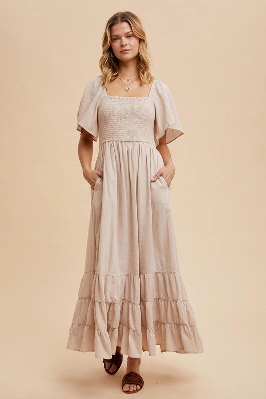 NOLA SMOCKED COTTON FLUTTER SLEEVE MAXI Sharp Detail