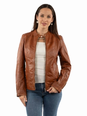 Dynamic Compression Fit Scully Womens Cafe Racer Cognac Leather Leather Jacket