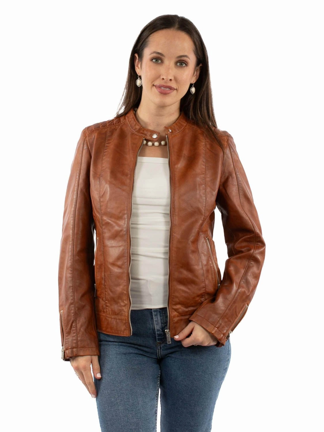 Scully Womens Cafe Racer Cognac Leather Leather Jacket Recycled Material Blend Fit For Travel