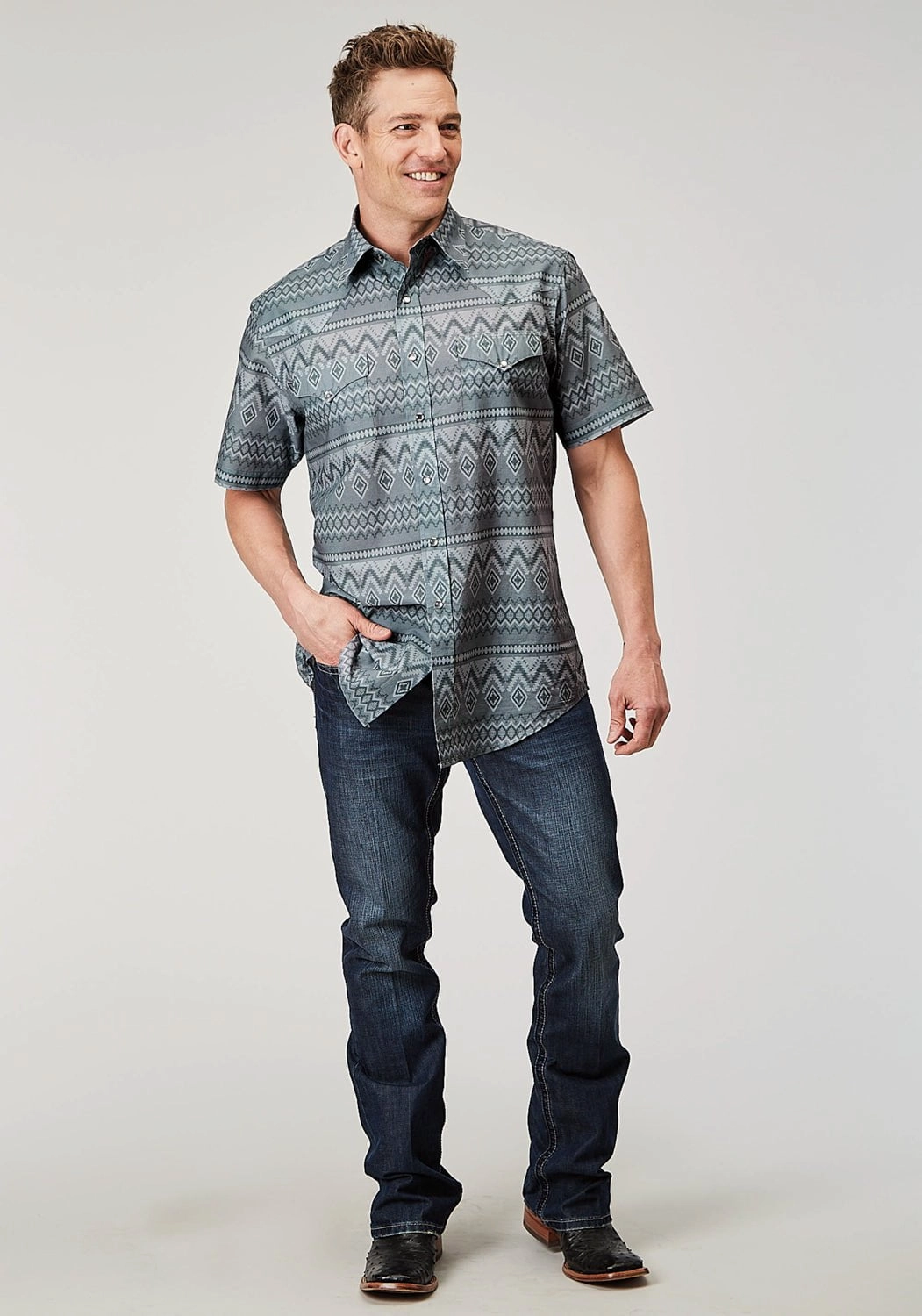 Summer Vibes Year-Round Wear Roper Mens 1895 River Aztec Grey 100% Cotton S/S Shirt