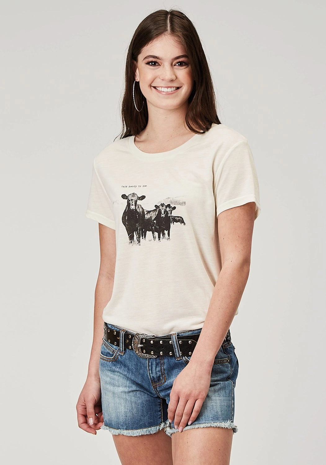 Roper Womens Cow Herd Cream Poly/Cotton S/S T-Shirt Button front