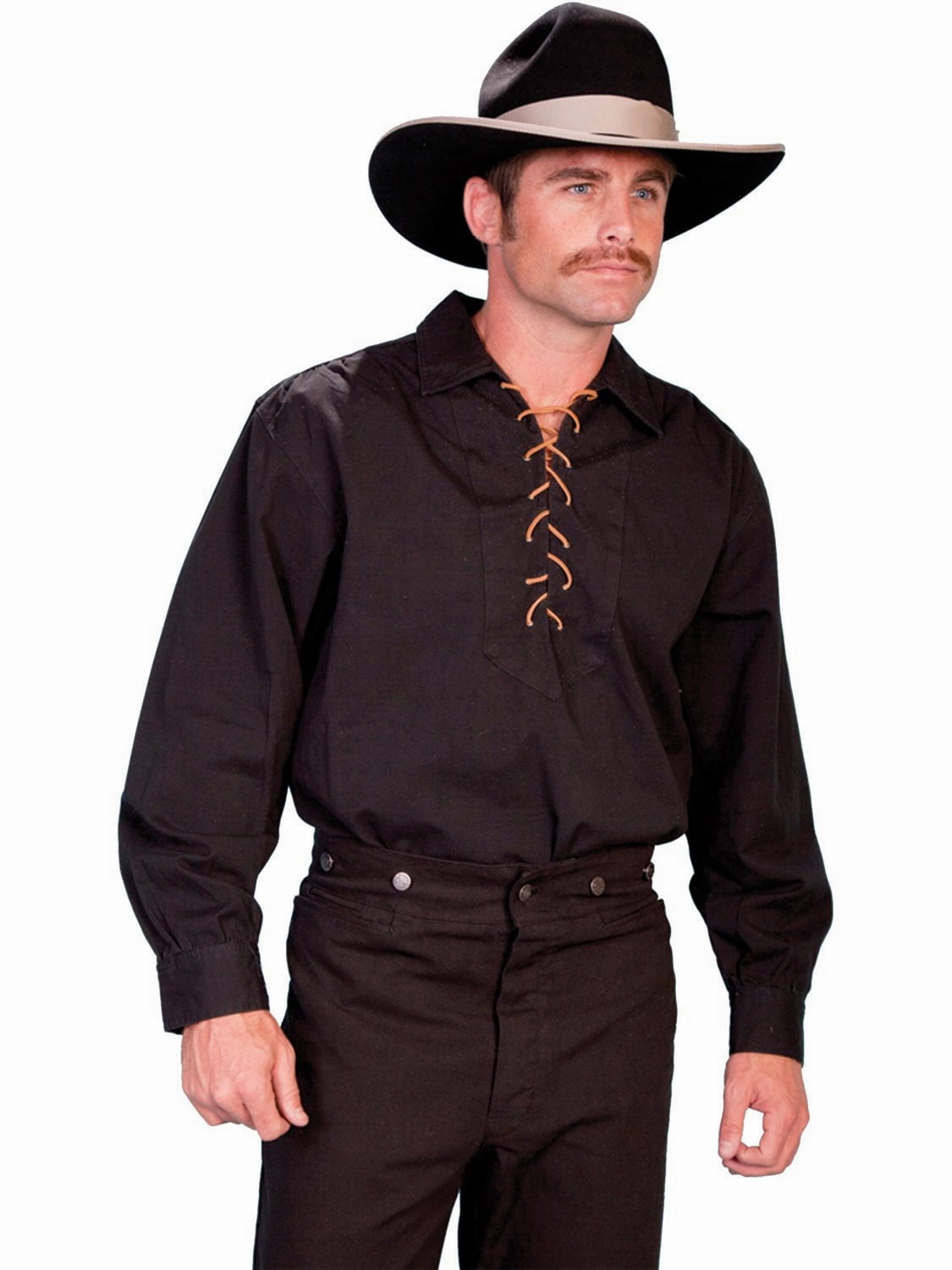 Scully RangeWear Mens Black 100% Cotton Laced Placket L/S Western Shirt Durable Texture