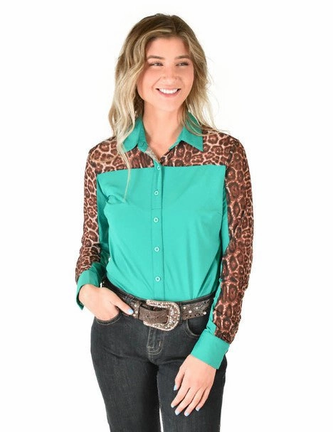 Cowgirl Tuff Womens Sheer Leopard Turquoise Poly/Spandex L/S Shirt Winter Retreat