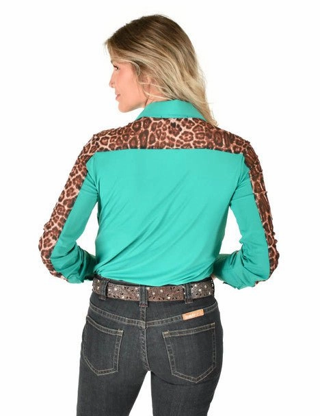 Cowgirl Tuff Womens Sheer Leopard Turquoise Poly/Spandex L/S Shirt Stylish Element Plus Size