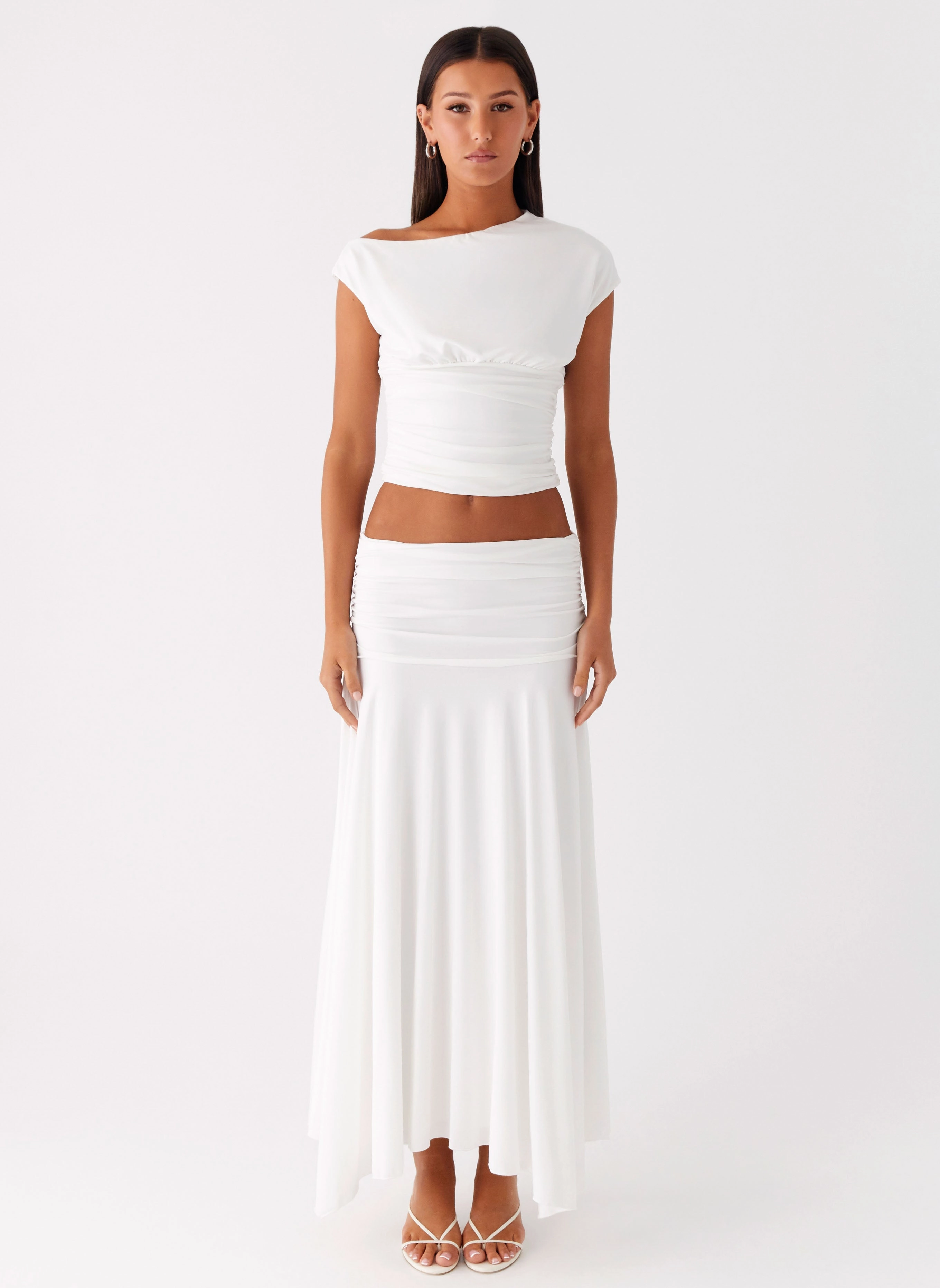 Liana Ruched Maxi Skirt - White Autumn Stroll
