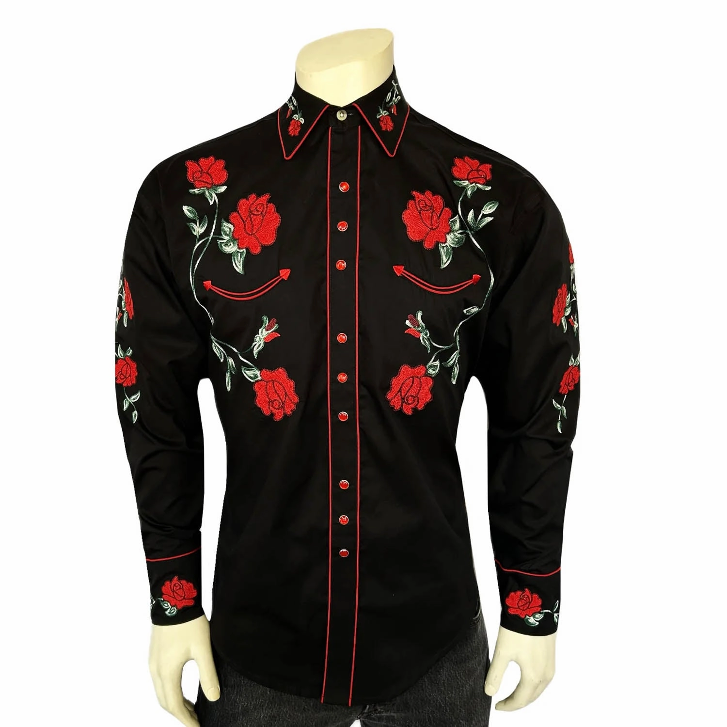 Rockmount Mens Crochet Rose Floral Black 100% Cotton L/S Shirt Hiking Gear