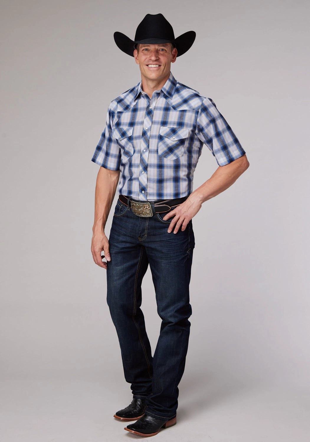 Roper Mens 2060 Plaid Navy/Cream Cotton Blend S/S Shirt Wardrobe Must-Have