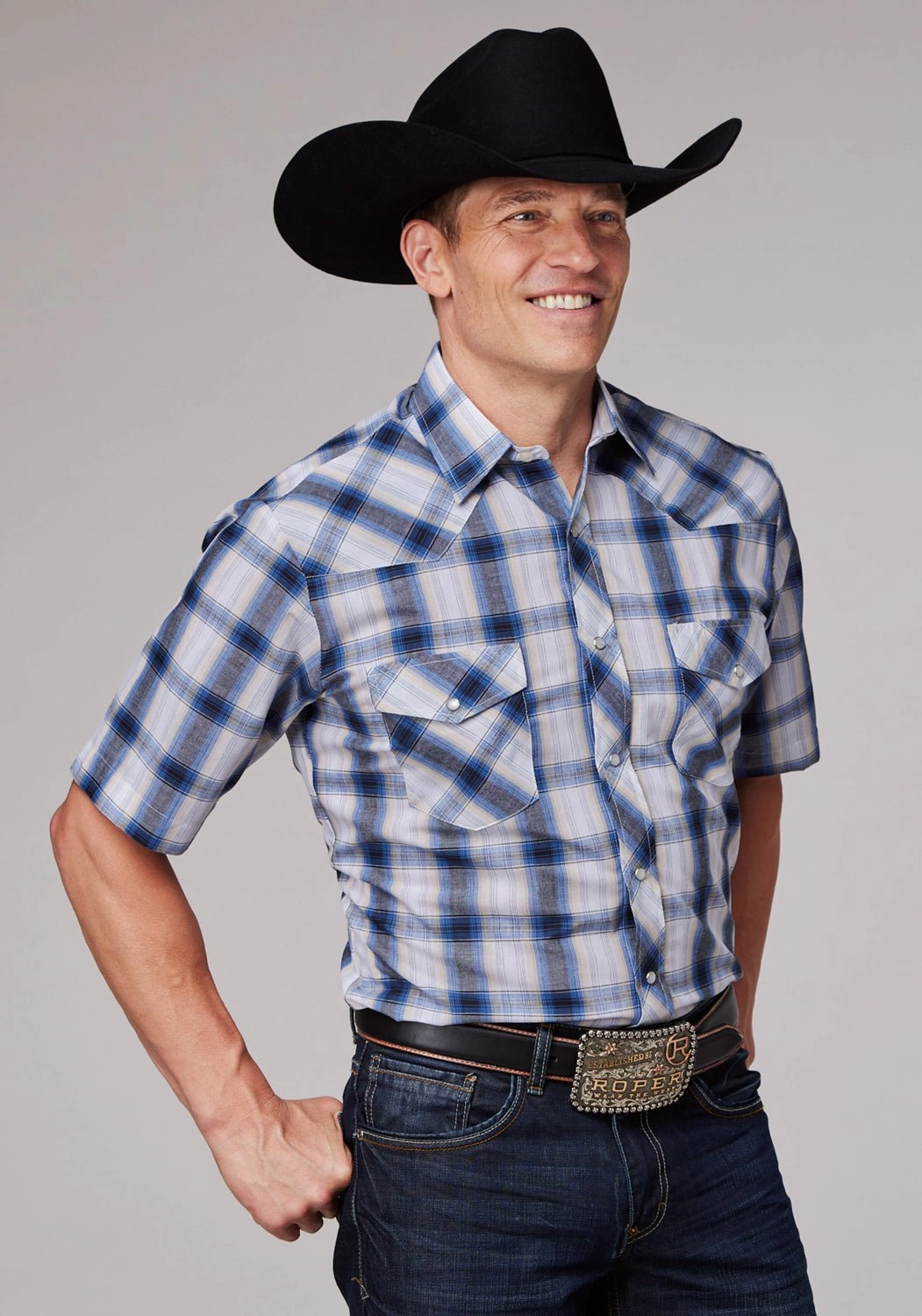 Roper Mens 2060 Plaid Navy/Cream Cotton Blend S/S Shirt Classic Look Printed Pattern