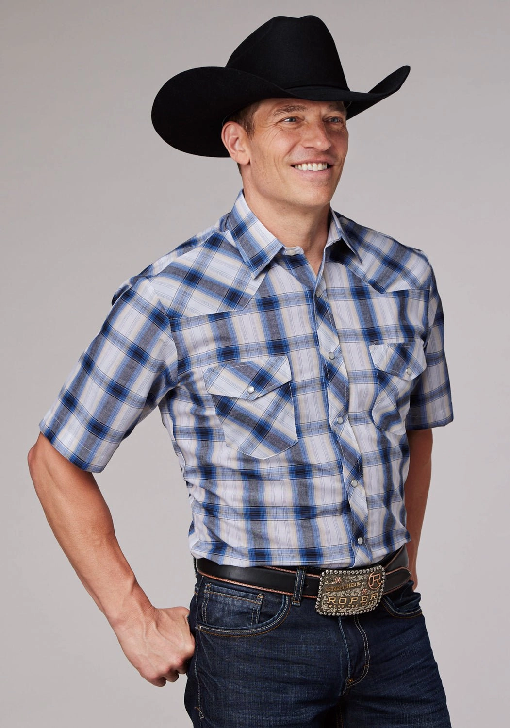 checkered pattern Multi Layer Stitching Roper Mens 2060 Plaid Navy/Cream Cotton Blend S/S Shirt