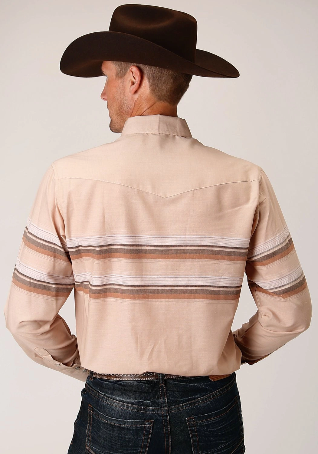 Comfort First Fit Roper Mens Tan/Brown Cotton Blend Border Stripe L/S Shirt