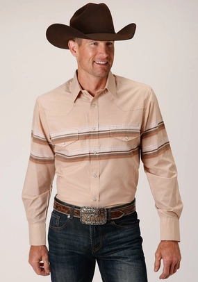 Roper Mens Tan/Brown Cotton Blend Border Stripe L/S Shirt Travel Friendly Non Irritating Tags