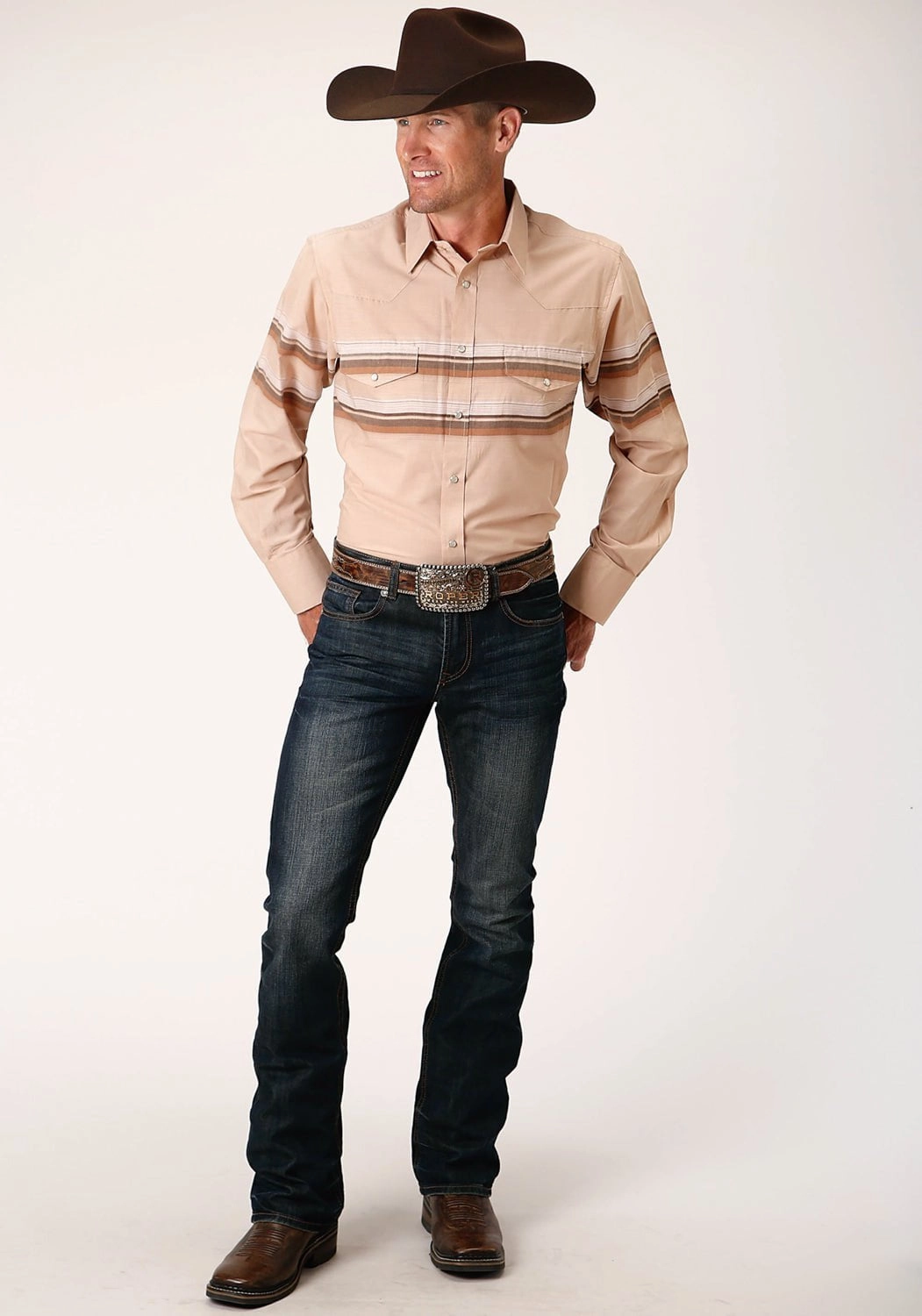 Brushed Inner Lining Micro Perforated Texture Roper Mens Tan/Brown Cotton Blend Border Stripe L/S Shirt