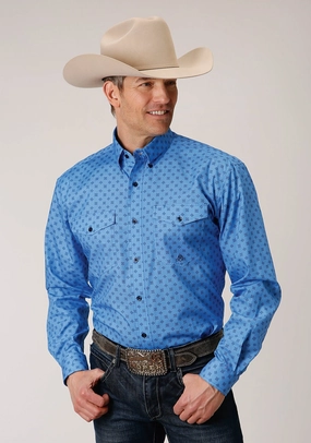 Rooftop Bar Roper Mens Blue 100% Cotton Cottage Foulard BD L/S Btn Shirt