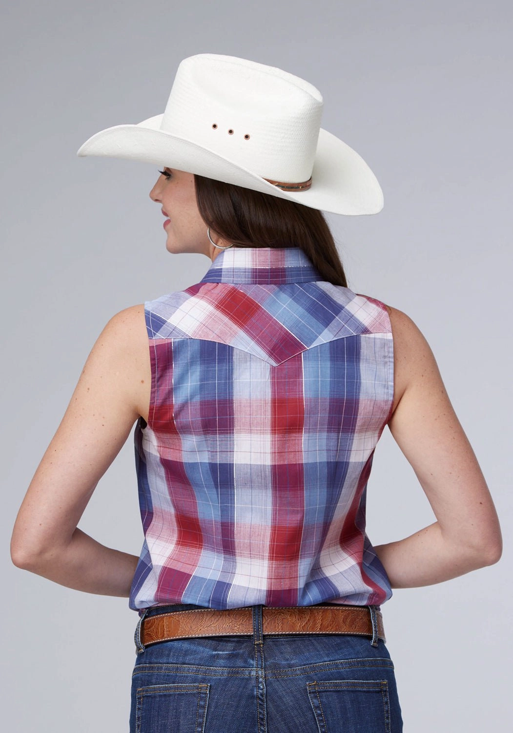 Trendy Apparel Roper Womens 55/45 Lurex Plaid Red/White Cotton Blend S/L Shirt