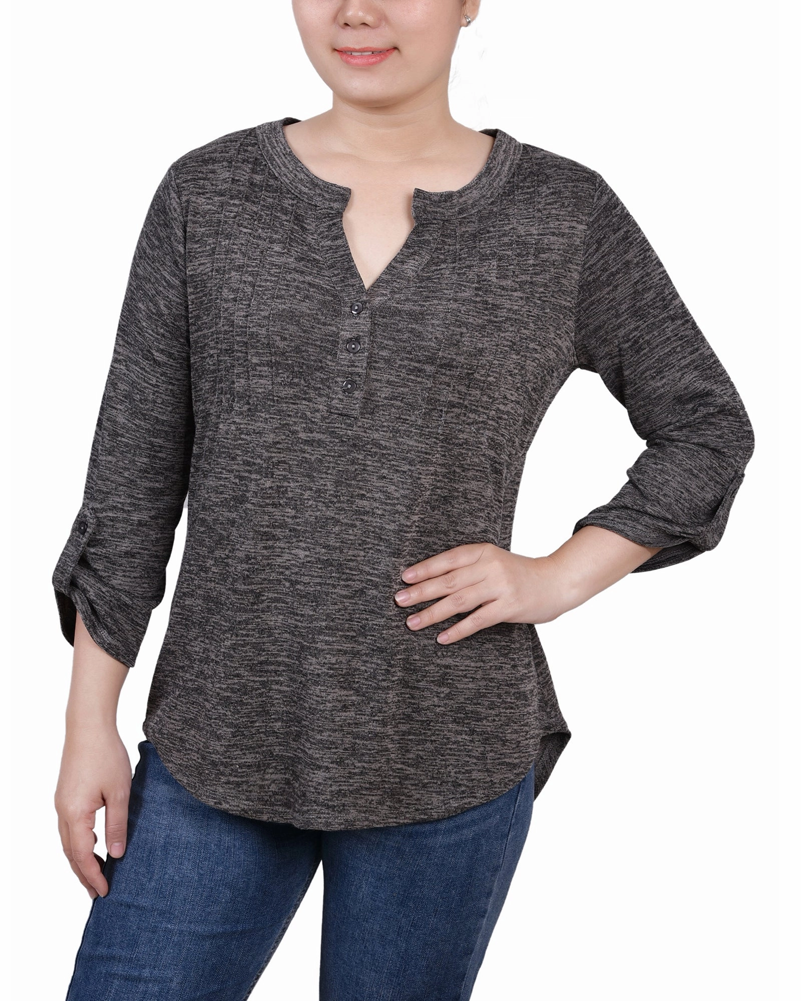 3/4 Roll Tab Sleeve Y Neck Top Sustainable Material Blend LayeredPanel