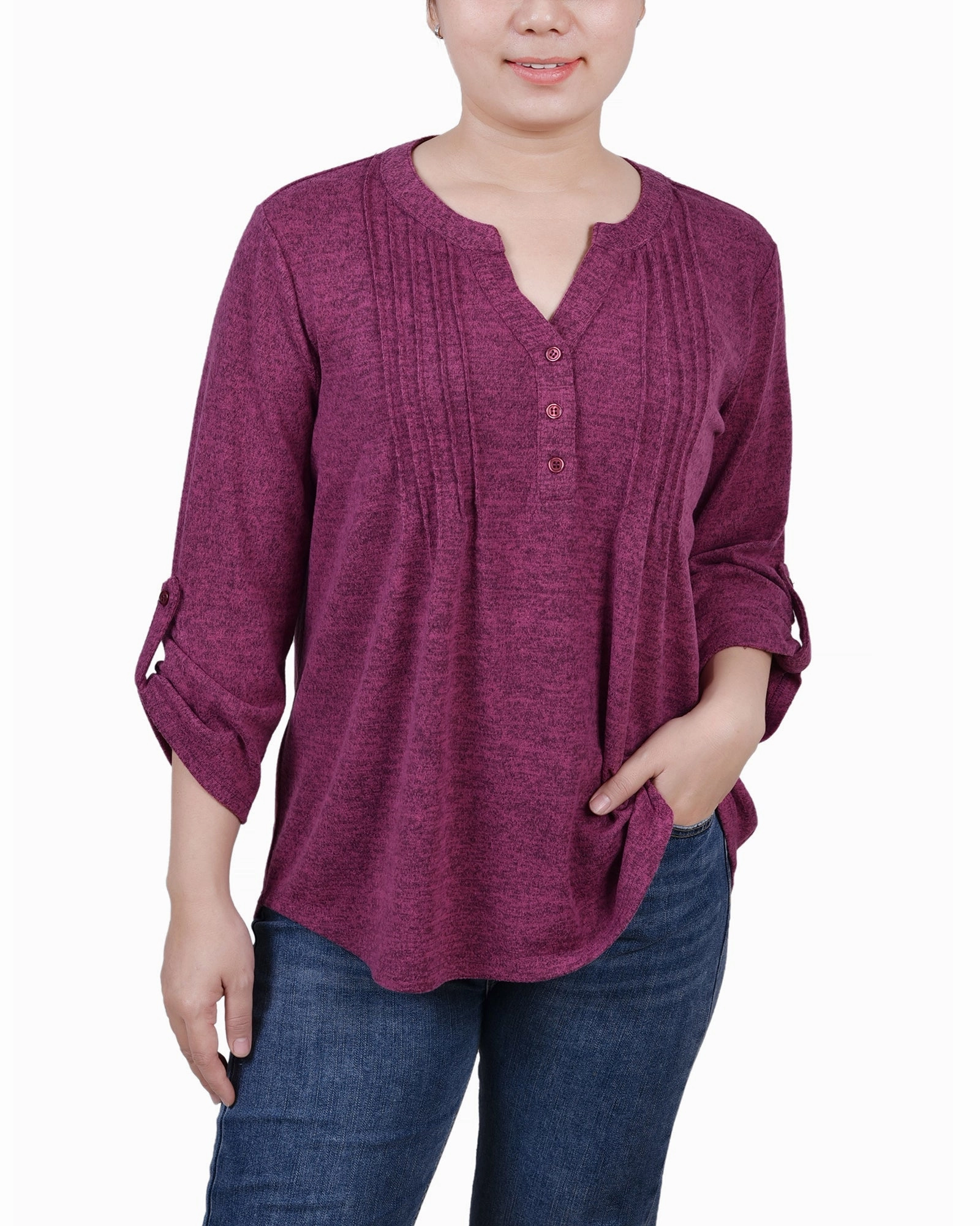 3/4 Roll Tab Sleeve Y Neck Top Trendy Look sporty wear