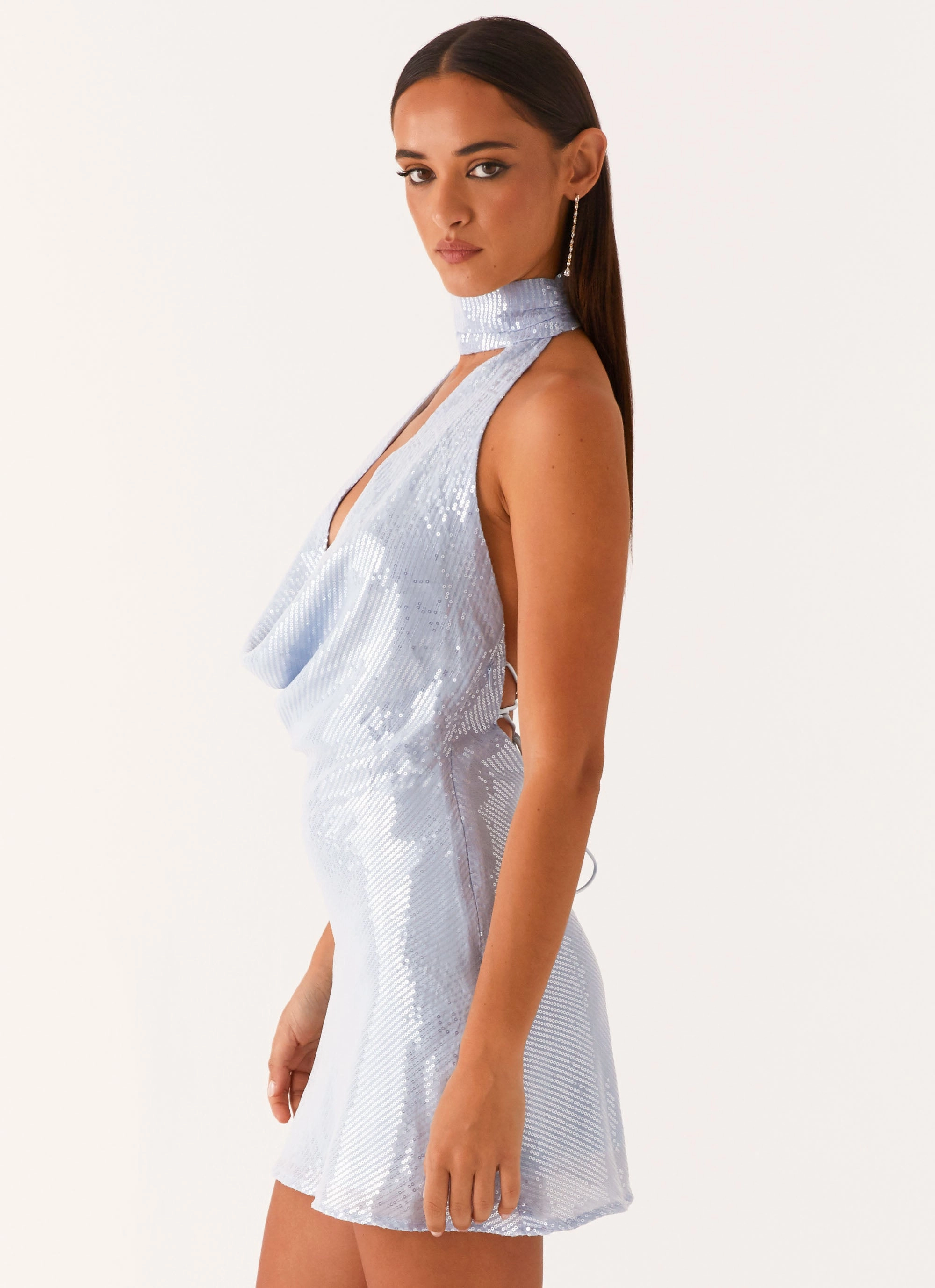 Trend Smart Muted Tones Nora Sequin Cowl Neck Mini Dress - Blue