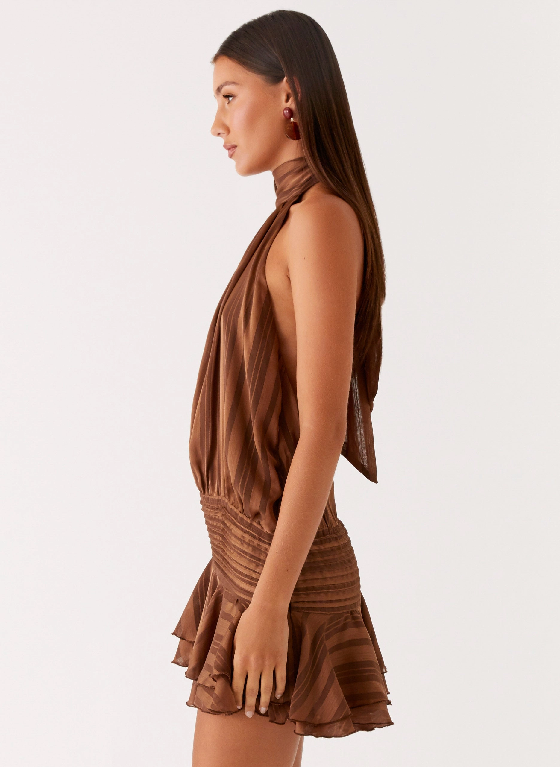 Willow Chiffon Mini Dress - Chocolate Full Length Coat Stand Collar