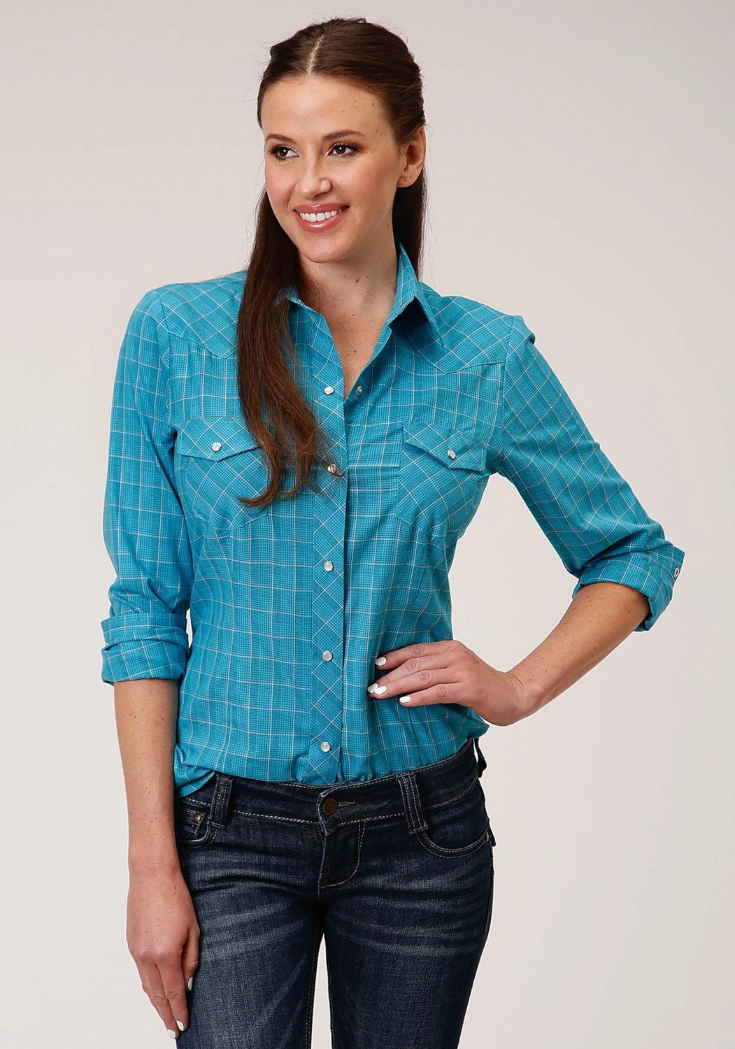 Roper Womens 55/45 Windowpane Turquoise Cotton Blend L/S Shirt Lightweight Construction Slim Silhouette