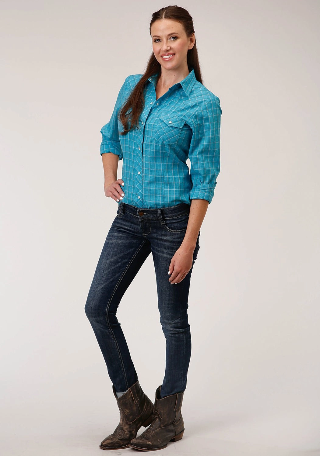 Runway Inspired Roper Womens 55/45 Windowpane Turquoise Cotton Blend L/S Shirt