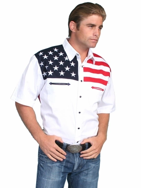 Scully Western Mens White 100% Cotton S/S American Flag Western Shirt Double Stitched Seams Holiday Style