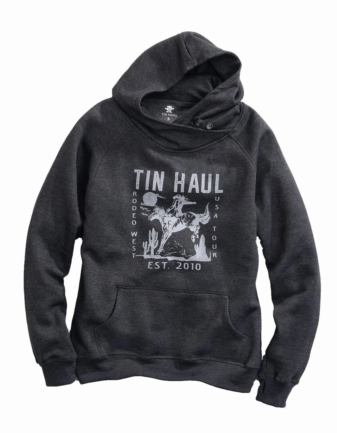 Tin Haul Womens Charcoal Heather Cotton Blend Rodeo West Hoodie Anti Static Interior