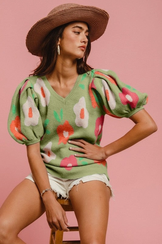 WINNIE FLORAL PATTERN PUFF SLEEVES V-NECK SWEATER S-XL Street Style SecurePockets