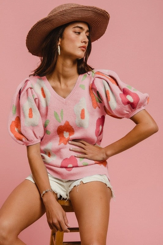 WINNIE FLORAL PATTERN PUFF SLEEVES V-NECK SWEATER S-XL Raw Edge Finish