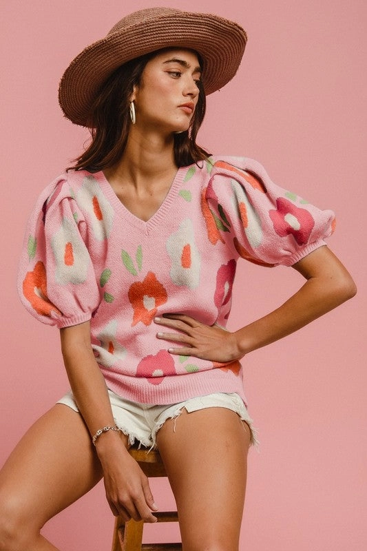 WINNIE FLORAL PATTERN PUFF SLEEVES V-NECK SWEATER S-XL FrictionResistant Fabric