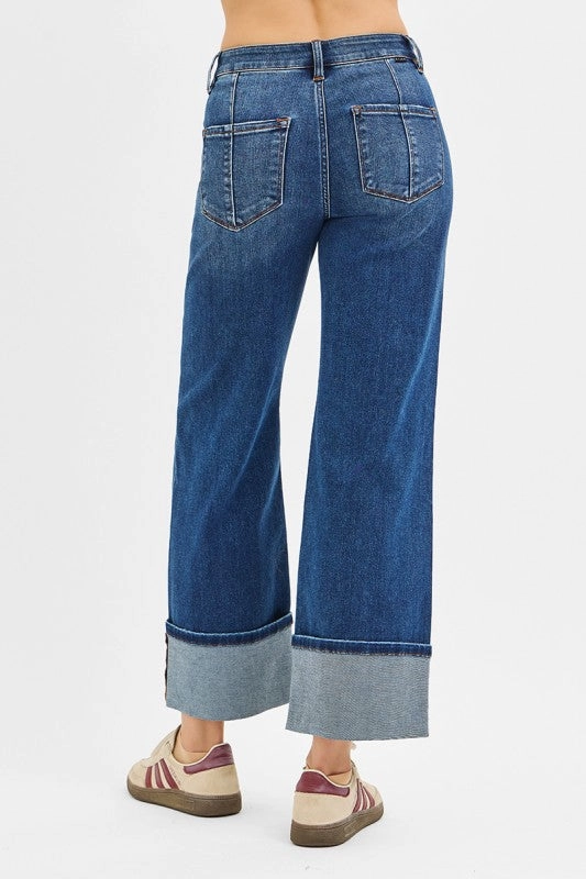 Winnie High Rise Crop Wide Straight Cuffed Jeans Brushed Interior Anti Fade Technology
