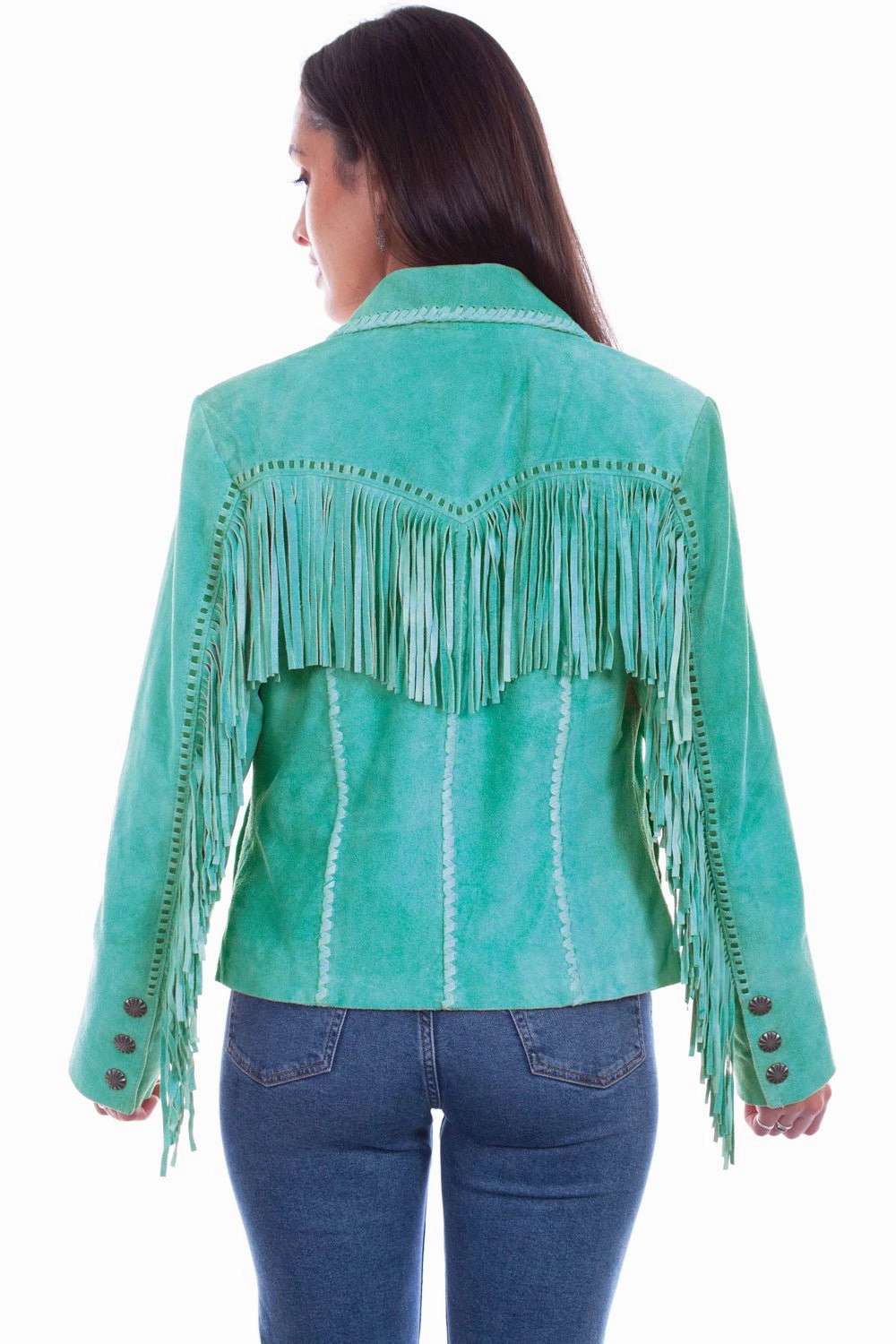 color block Reinforced Seams Scully Womens Cowgirl Fringe Turquoise Leather Leather Jacket