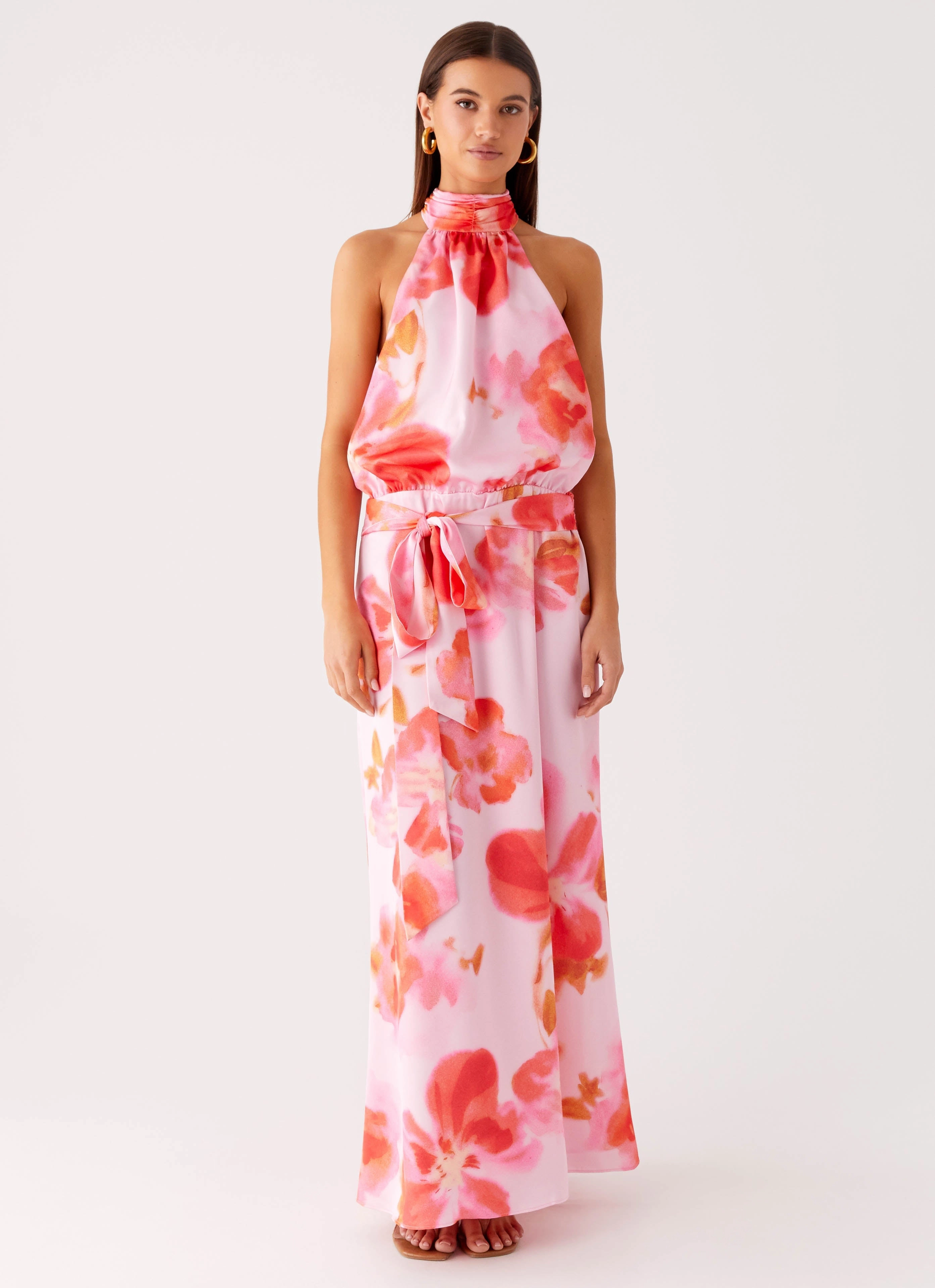 Insulated Coat Diablo Backless Maxi Dress - Blushing Blossom