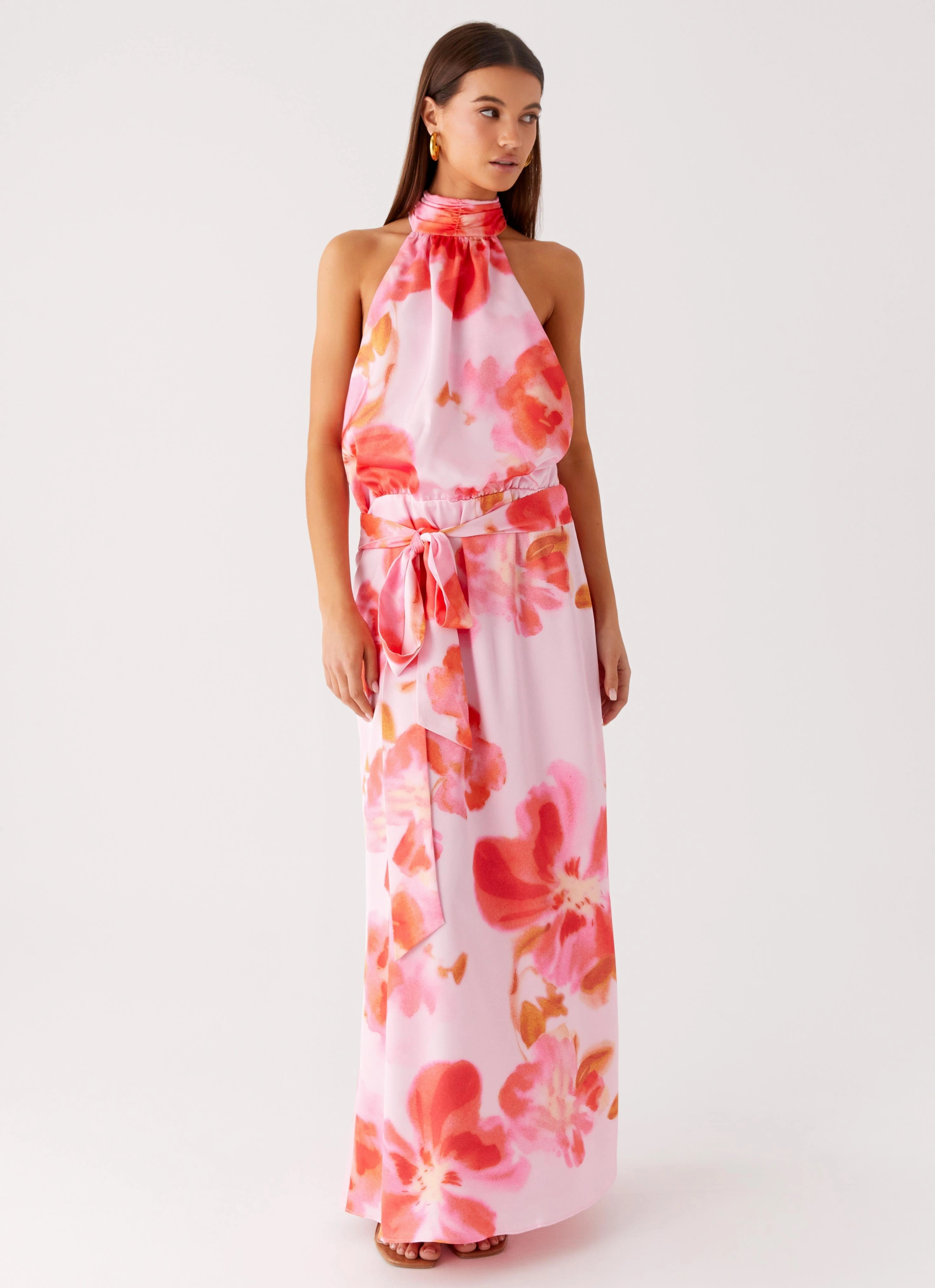 Single Breasted Diablo Backless Maxi Dress - Blushing Blossom