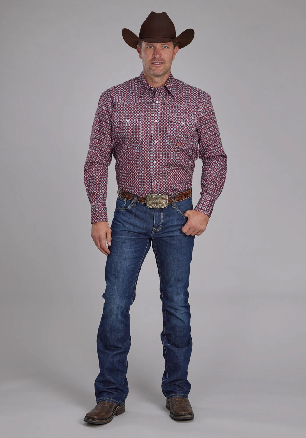 Roper Mens 2153 Highway Foulard Red 100% Cotton Tall L/S Shirt Designer Touch Seamless Shoulder