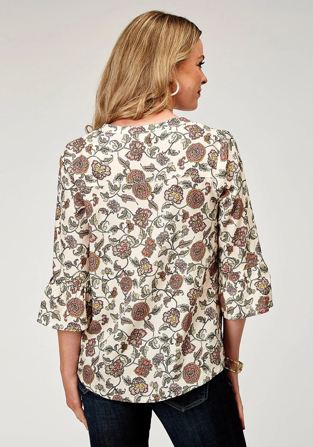 Summer Outfit Roper Womens 1977 Vintage Floral Cream 100% Rayon L/S Blouse