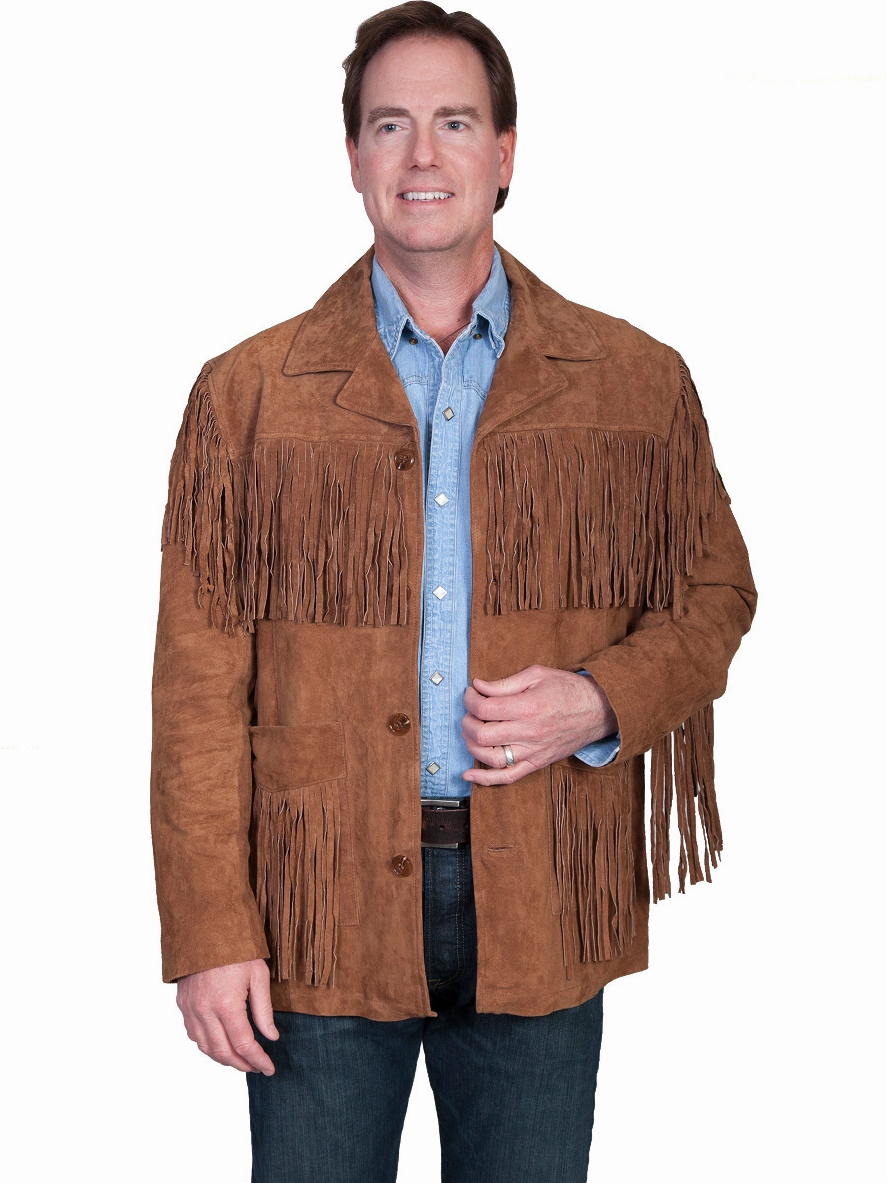 Scully Leather Mens Boar Suede Button Front Fringe Jacket Cinnamon Bomber Cut Durable Zippers