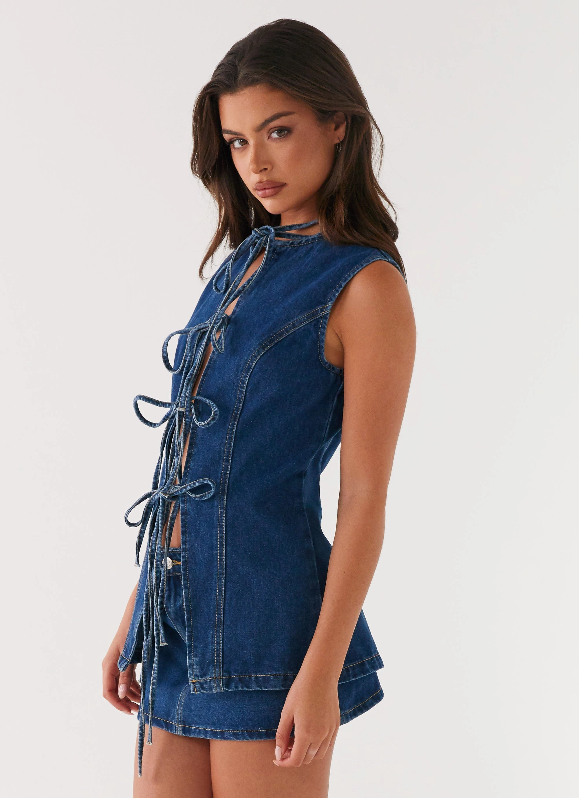 Wish You Luck Denim Top - Dark Blue VNeckline QuickDry Texture