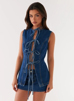 Wish You Luck Denim Top - Dark Blue MultiPurposeUtility Casual Sweater