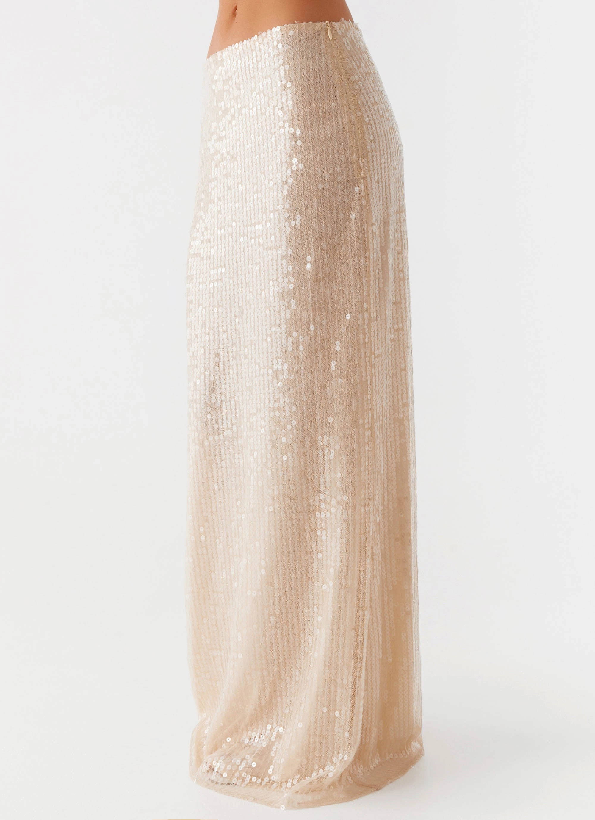 Wisteria Low Rise Sequin Maxi Skirt - Champagne Sleek Motion Cocktail Ready
