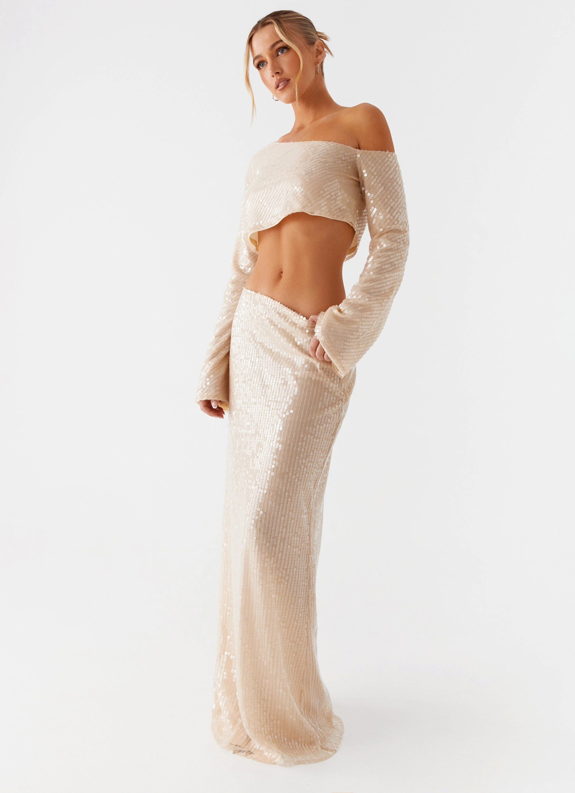 Wisteria Low Rise Sequin Maxi Skirt - Champagne Color Pop