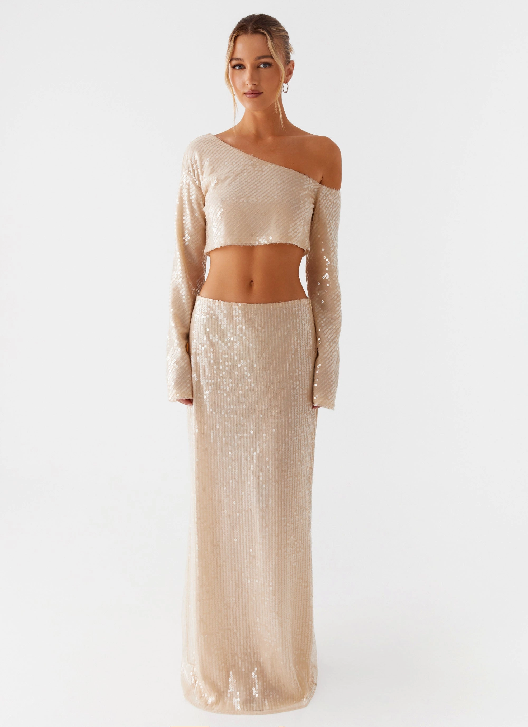 Wisteria Low Rise Sequin Maxi Skirt - Champagne Lace Detail